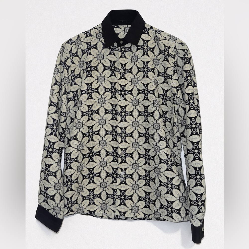 Retro Mod Geometric Print Button Down Shirt Black Cream Slim Fit Men’s Small